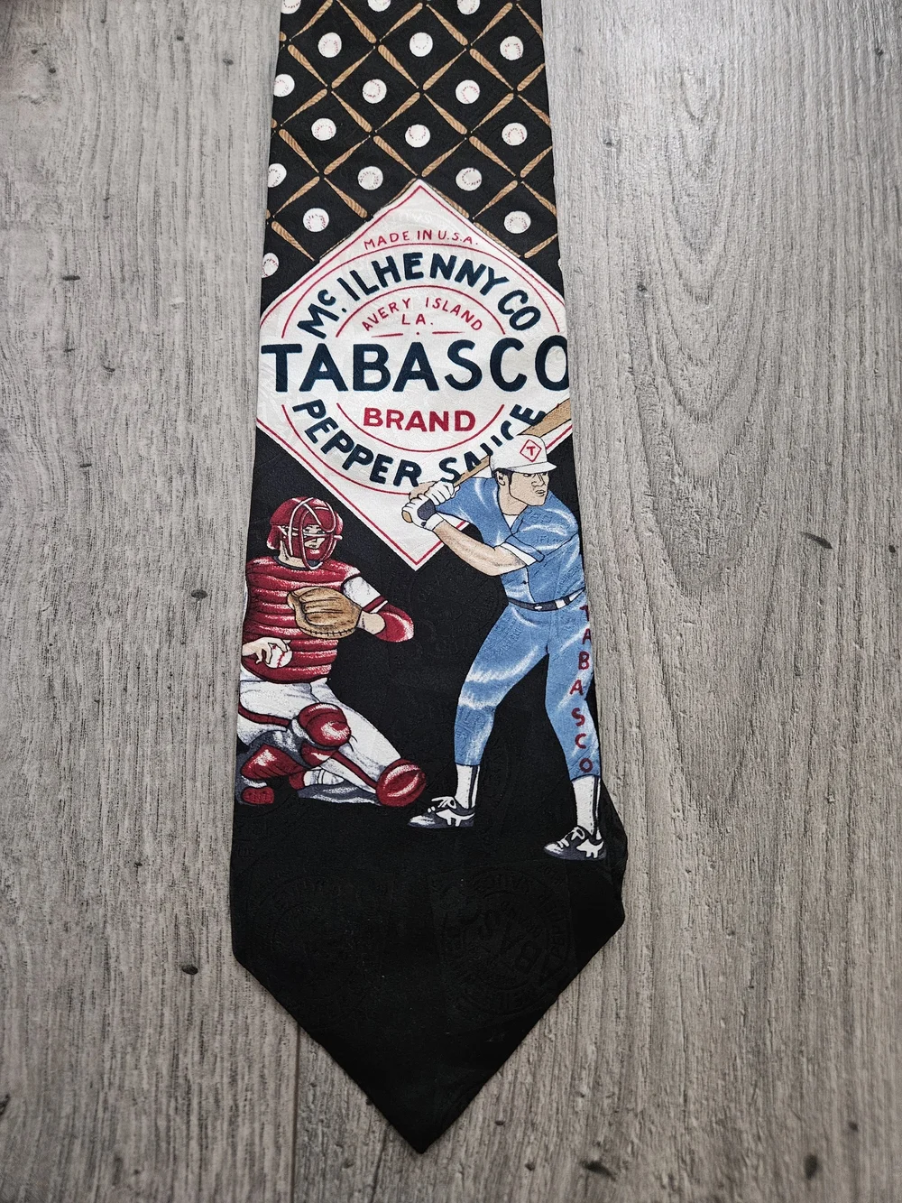 Y2K Tabasco Black 100% Silk Tie with Red and Blue Baseball Graphics